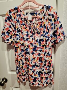 Style & Co. White Multicolor Floral Short-Sleeve Peasant Tunic